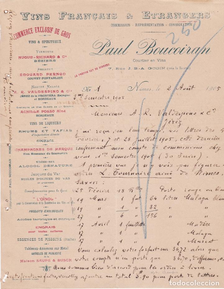 Cartas comerciales: Carta comercial. Paul Boucoiran. Vins Francais & Etrangers. Nimes 1905