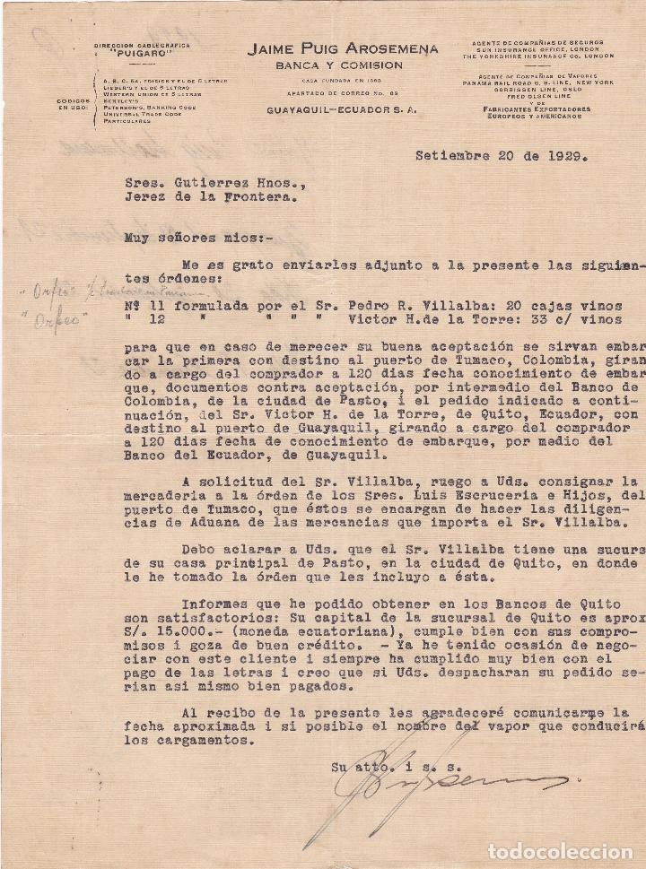 Cartas comerciales: Carta comercial. Jaime Puig Arosemena. Banca y Comisi&oacute;n. Ecuador 1929