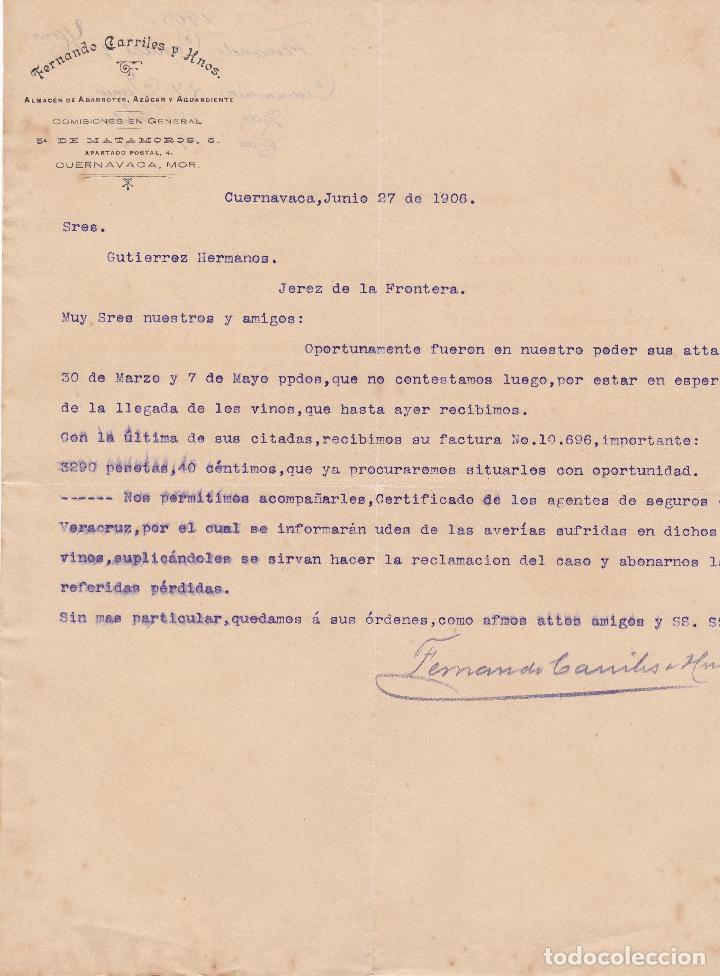 Cartas comerciais: Carta comercial. Fernando Carriles y Hermanos. Almac&eacute;n de Abarrotes. Cuernavaca 1906