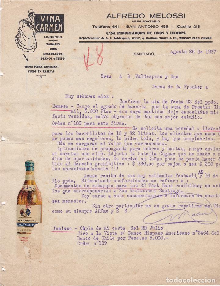 Cartas comerciales: Carta comercial. Alfredo Melossi. Arrendatario. CAsa importadora de vinos y licores. Santiago 1927