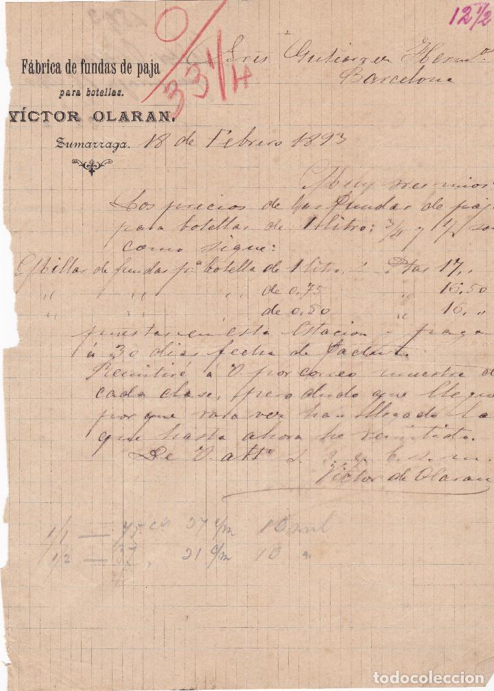 Lettere commerciali: carta comercial. Victor Olaran. F&aacute;brica de fundas de paja para botellas. Sumarraga 1893