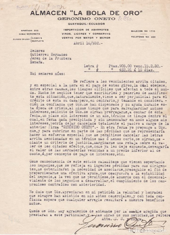 Lettere commerciali: Carta comercial. Almac&eacute;n La Bola de Oro. Ger&oacute;nimo Oneto. Ecuador. 1932