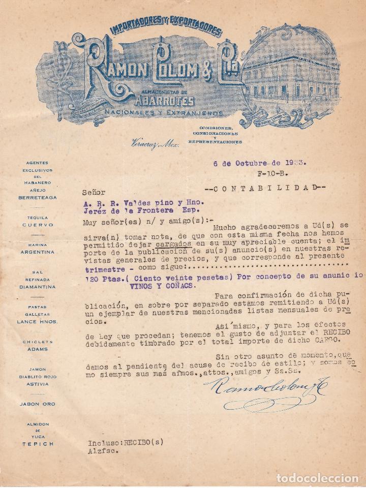 Cartas comerciales: Carta comercial. Ramon Colom y C&iacute;a. Importadores y Exportadores.Abarrotes. Veracruz 1933