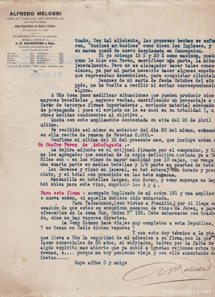 Commercial Letters: Carta comercial. Alfredo Melossi. Casa importadoras de Vinos y Licores. Santiago 1928