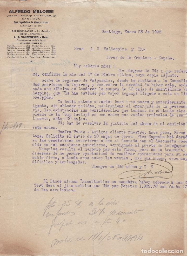 Cartas comerciais: Carta comercial. Alfredo Melossi. Casa importadoras de Vinos y Licores. Santiago 1928