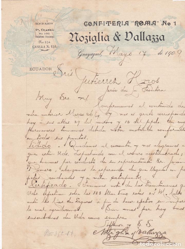 Lettres commerciales: Carta comercial. Noziglia & Dallazza. Confiter&iacute;a Roma. Guayaquil 1909