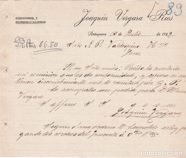 Cartas comerciales: Carta comercial. Joaquin Vergara Rios. Comisiones y Representaciones. Antequera 1922