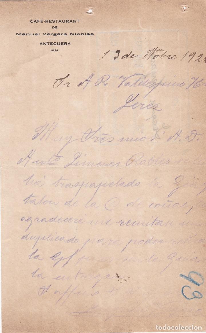 Lettere commerciali: Carta comercial. Manuel Vergara Nieblas. Caf&eacute;-Restaurant. Antequera 1922