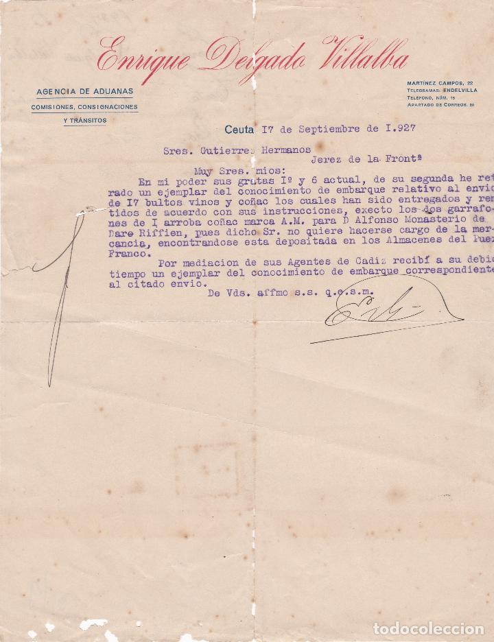 Cartas comerciales: Carta comercial. Enrique Delgado Villalba. Agencia de Aduanas. Ceuta 1927
