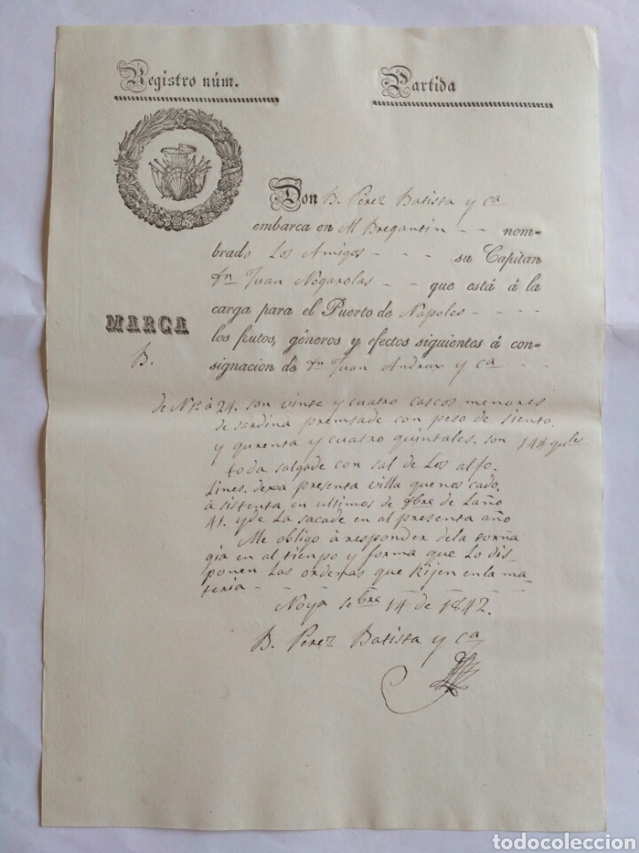 Commercial Letters: Hoja de registro de embarque, Noya 1842. La Coru&ntilde;a.