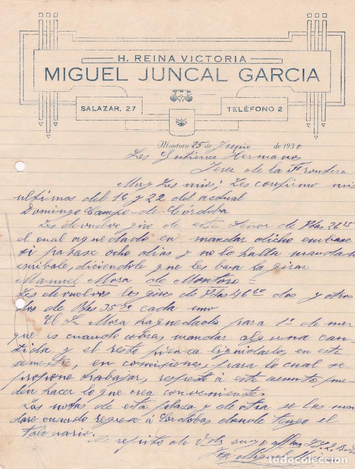 Commercial Letters: Carta comercial. H. Reina Victoria. Miguel Juncal Garc&iacute;a. Montoro 1930