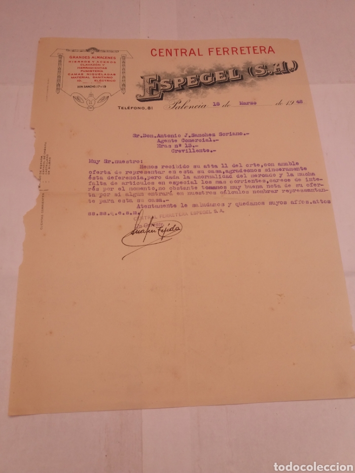 Cartas comerciales: Carta comercial Espergel s.a. 1948 - Foto 1