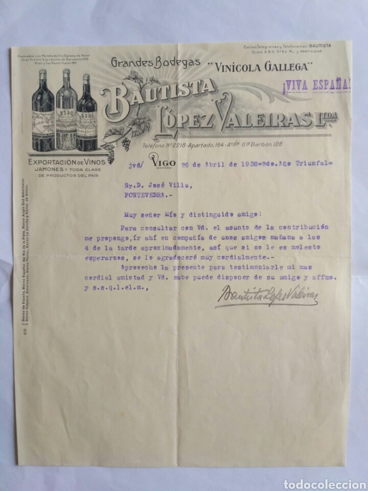 Commercial Letters: Carta de Bodegas Bautista L&oacute;pez Valeiras, Vigo 1938. Galicia.