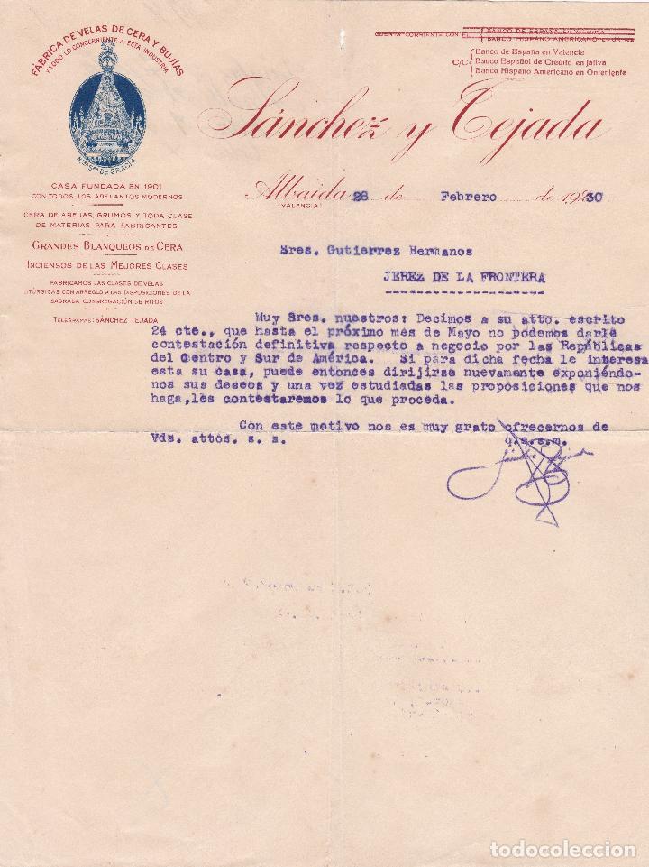 Cartas comerciales: Carta comercial. S&aacute;nchez y Tejada. F&aacute;brica de velas de cera y buj&iacute;as. Albaida. Valencia 1930