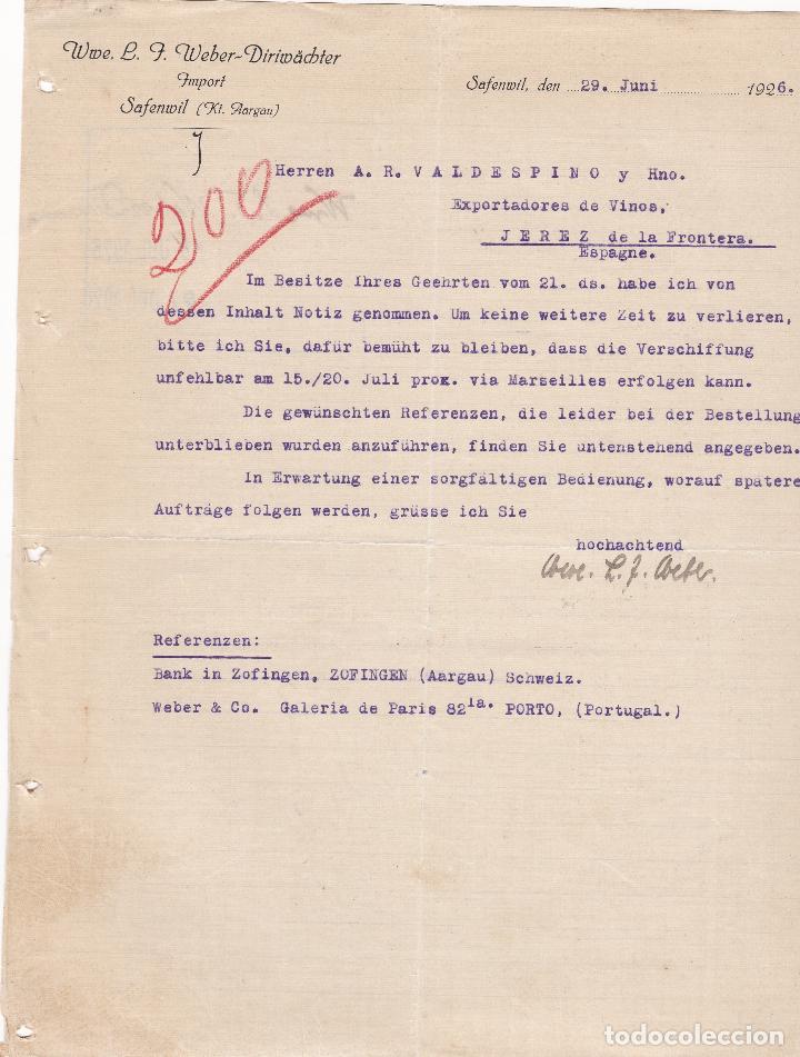 Cartas comerciales: Carta comercial. Wwe. L. F. Weber-Diriwachter. Import. Safenwil 1926