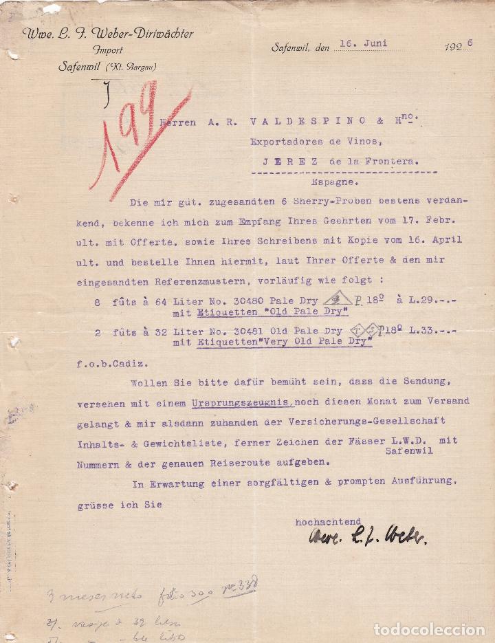 Cartas comerciales: Carta comercial. Wwe. L. F. Weber-Diriwachter. Import. Safenwil 1926