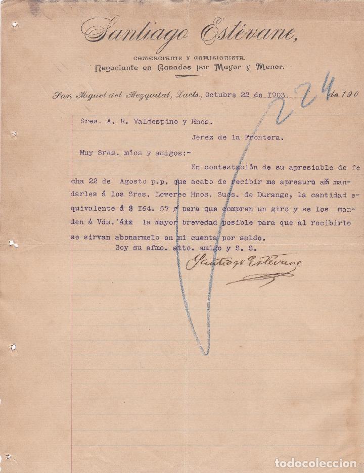 Cartas comerciales: Carta comercial. Santiago Est&eacute;vane. Comerciante y Comisionista. San Miguel de Mezquital 1903
