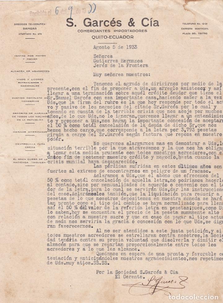 Lettere commerciali: Carta comercial. S. Garc&eacute;s & C&iacute;a. Comerciantes-Importadores Quito-Ecuador 1933