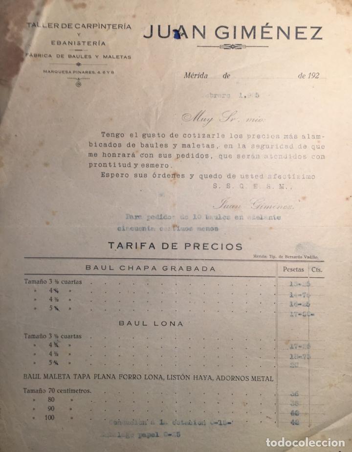 Cartas comerciales: Carta comercial Taller Carpinter&iacute;a , F&aacute;brica Ba&uacute;les y maletas j. Gim&eacute;nez . M&eacute;rica ( Badajoz )A&ntilde;os 20