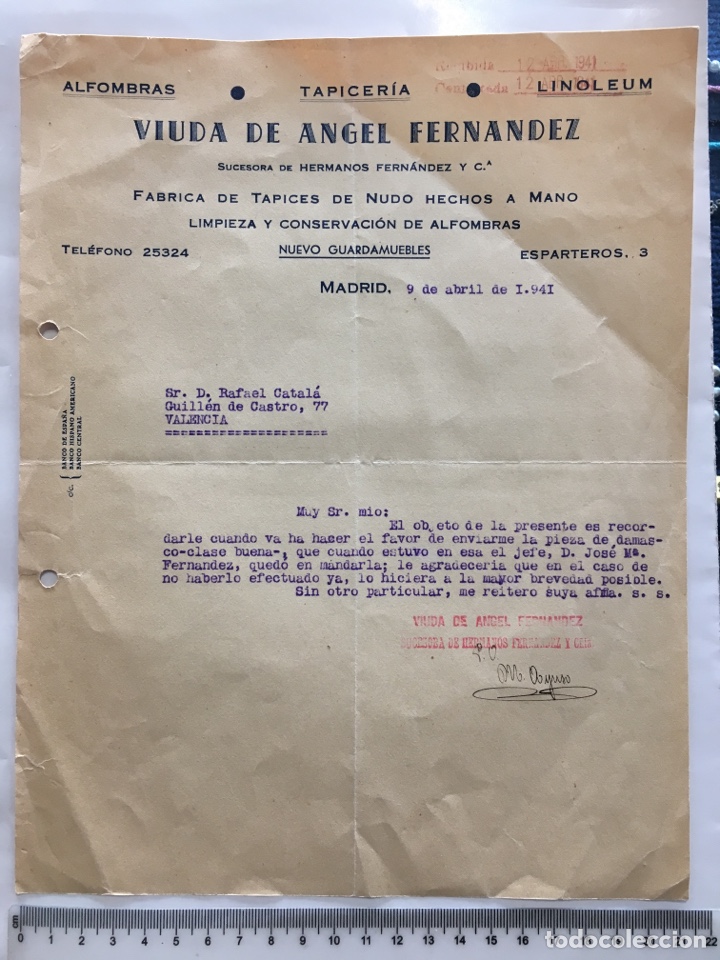 Lettere commerciali: VIUDA DE &Aacute;NGEL FERN&Aacute;NDEZ. ALFOMBRAS, TAPICER&Iacute;A, LINOLEUM. MADRID, 9-ABRIL-1941.