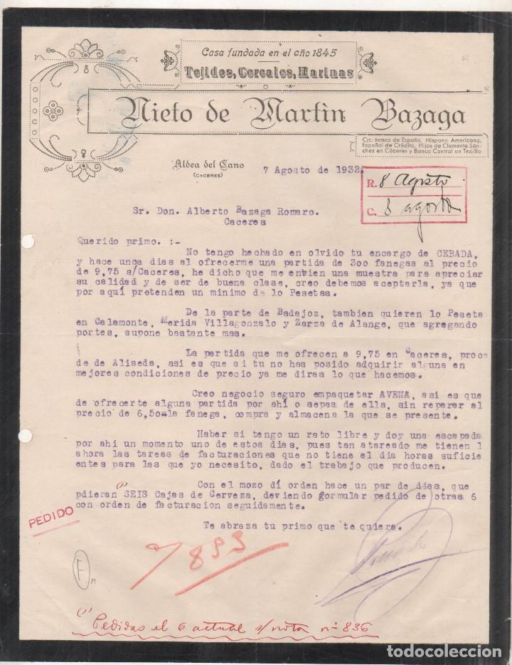 Lettere commerciali: Casa fundada en 1845. Tejidos, cereales, harinas. Nieto de Martin Bazaga. Aldea del Cano. C&aacute;ceres  C