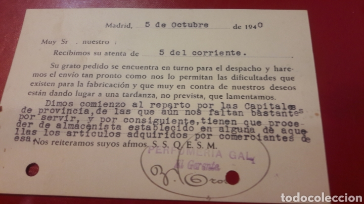 Cartas comerciales: 1940 Madrid Perfumerias Gal.s.a dirijida Coru&ntilde;a - Foto 2