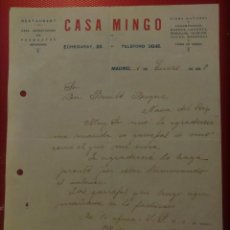 Cartas comerciales: CASA MINGO RESTAURANT CASA IMPORTADORA DE PRODUCTOS ASTURIANOS. MADRID 1928
