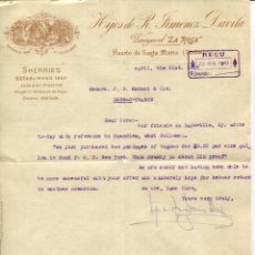 Cartas comerciales: PUERTO DE SANTA MARIA--H. DE R.JIMENEZ DÁVILA-SHERRIES- VINEYARD--LA ROSA--AÑO 1917