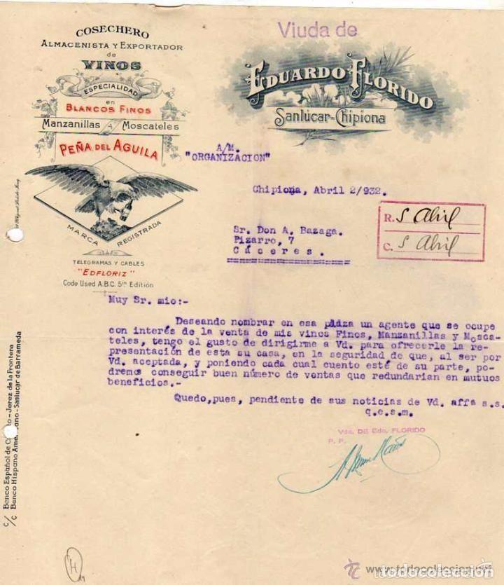 Lettres commerciales: COSECHERO VINOS. PE&Ntilde;A DEL AGUILA. EDUARDO FLORIDO. SANL&Uacute;CAR CHIPONA. C&Aacute;DIZ.