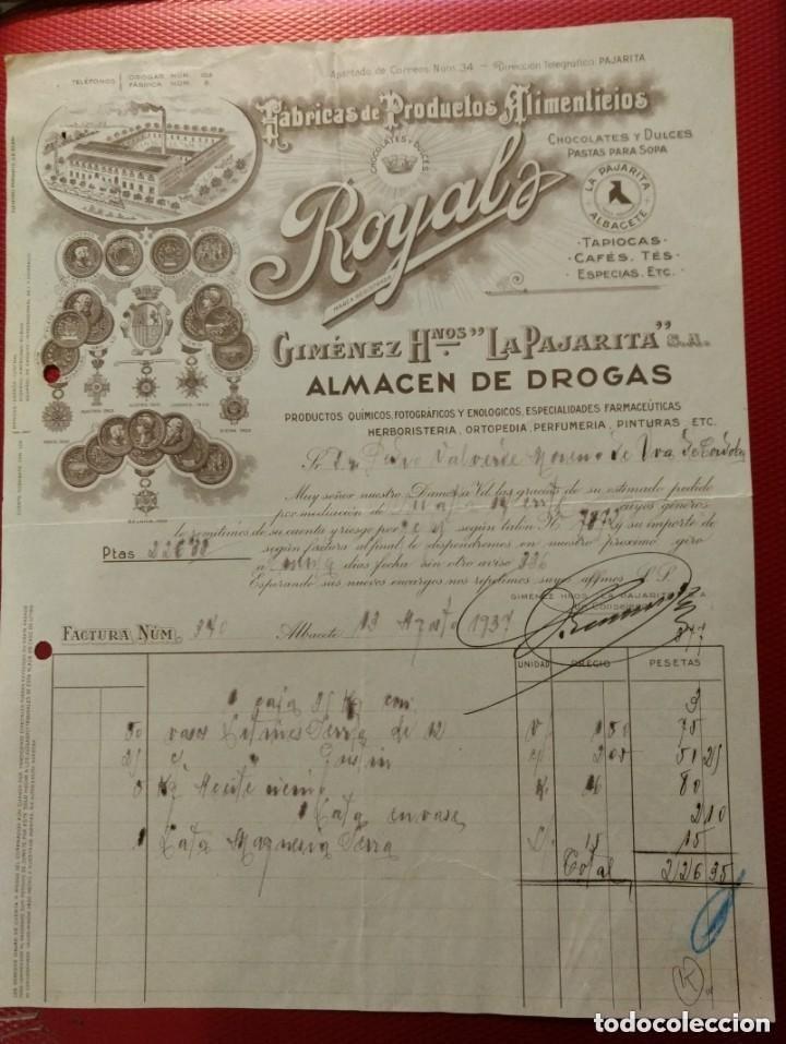 Lettere commerciali: F&aacute;bricas de productos alimenticios. Royal Gimenez Hermanos La Pajarita. Drogas. Albacete.