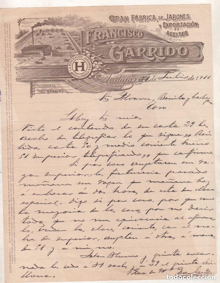 Lettere commerciali: Gran F&aacute;brica de jabones y exportaci&oacute;n de aceites. Francisco Garrido. Andujar Jaen. Firma propietario