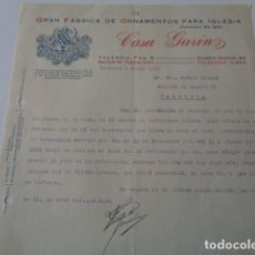 Cartas comerciales: VALENCIA. CASA GARINO. FABRICA DE ORNAMENTOS PARA IGLESIA. 1930. Lote 165350370