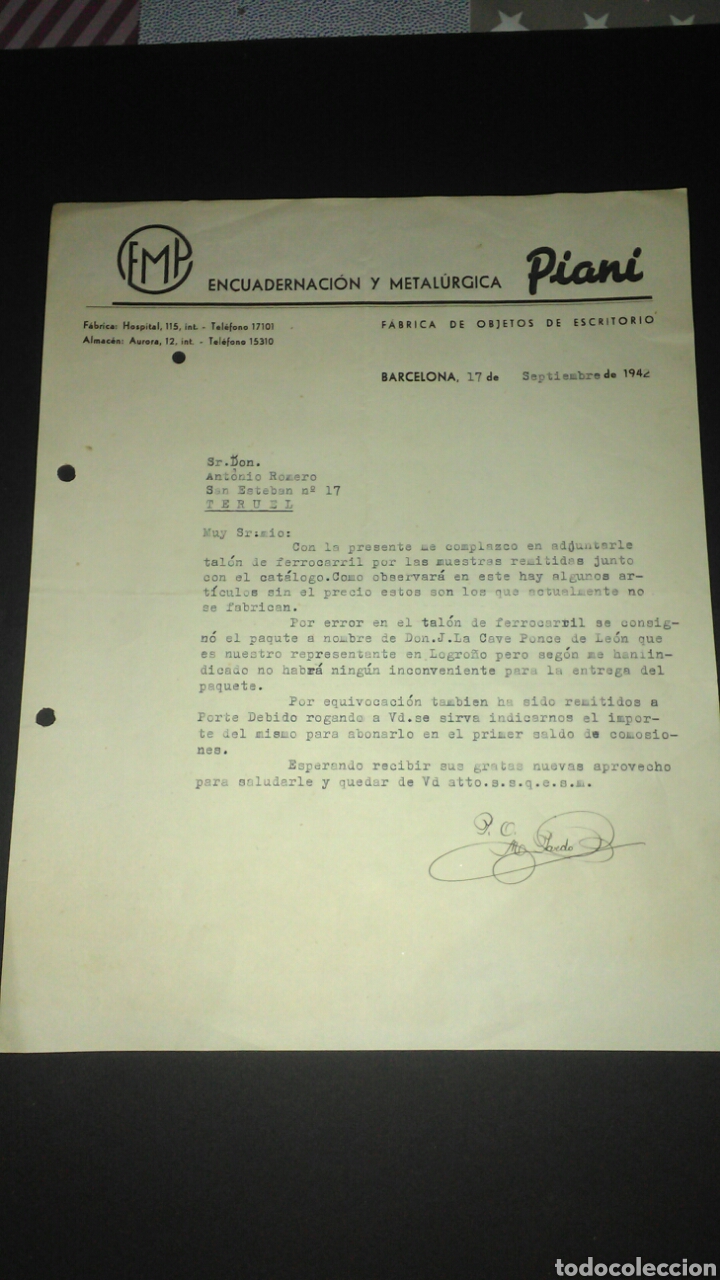 Cartas comerciales: CARTA COMERCIAL. OBJETOS DE ESCRITORIO. BARCELONA. - Foto 1