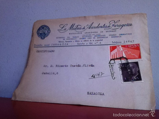 Cartas comerciales: LA MUTUA DE ACCIDENTES DE ZARAGOZA 1958 - Foto 2