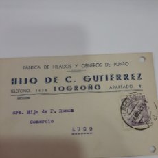 Cartas comerciais: 1943 LOGROÑO HIJO DE GUTIÉRREZ DIRIGIDO LUGO. Lote 168702784