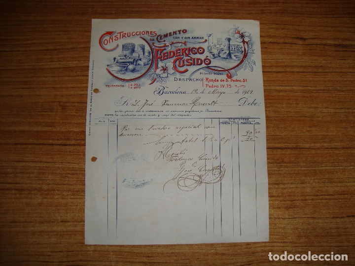 Commercial Letters: (ALB-TC-102) BONITA CARTA FACTURA RECIBO CONSTRUCCIONES DE CEMENTO FEDERICO CUSIDO BARCELONA 1919