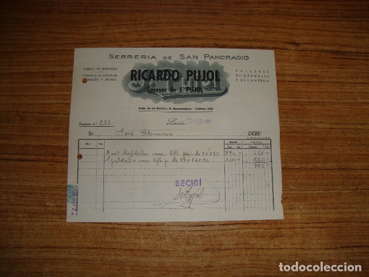 Cartas comerciales: (ALB-TC-102) BONITA CARTA FACTURA RECIBO SERRERIA SAN PANCRACIO RICARDO PUJOL LERIDA 1951