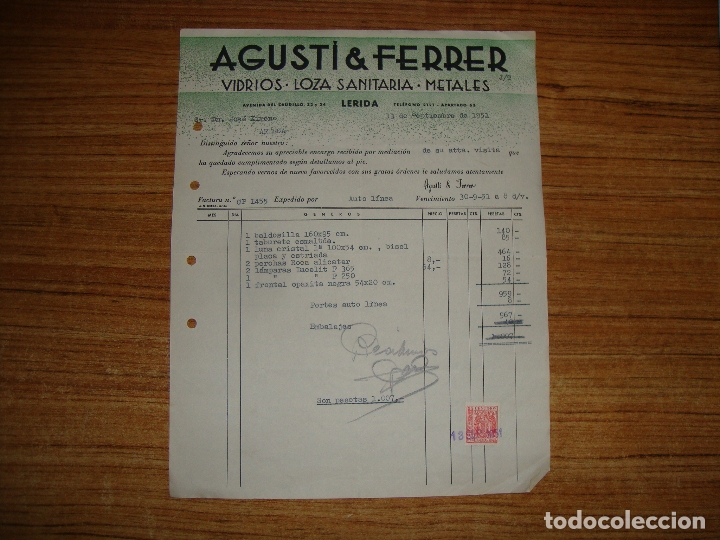 Cartas comerciales: (ALB-TC-102) BONITA CARTA FACTURA RECIBO AGUSTI & FERRER VIDRIOS LOZA 1951 LERIDA