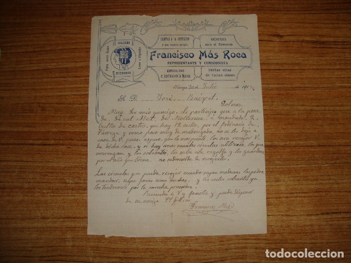 Cartas comerciales: (ALB-TC-102) BONITA CARTA FACTURA RECIBO FRANCISCO MAS ROCA REPRESENTANTE COMISIONISTA 1913 TARREGA