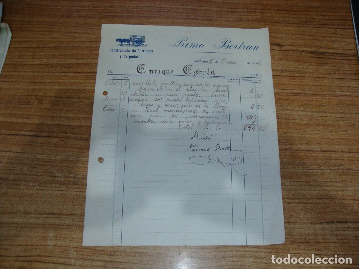 Cartas comerciales: (ALB-TC-102) BONITA CARTA FACTURA RECIBO PRIMO BERTRAN CONSTRUCCION CARRUAJES BELLCAIRE 1936 LERIDA