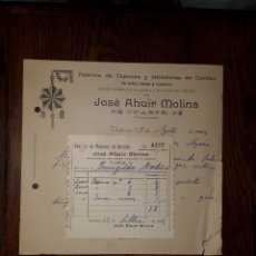 Cartas comerciales: JOSE AHUIR MOLINS FABRICA DE TAPONES Y HELADORAS DE CORCHO 1924 VALENCIA. Lote 172936792