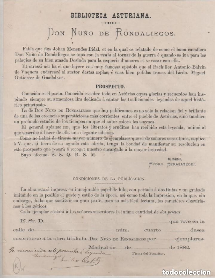 Lettere commerciali: Biblioteca asturiana. Don Nu&ntilde;o de Rondaliegos. Condiciones de publicaci&oacute;n 1882 Asturias.