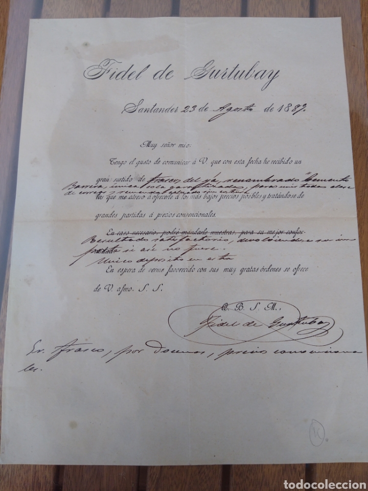 Lettere commerciali: Fidel de Gurtubay. Santander. 1889 firma propietario