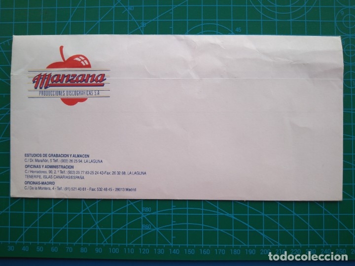 Commercial Letters: ANTIGUO SOBRE DE LA DESAPARECIDA DISCOGRAFICA (DISCOS) MANZANA - TENERIFE - A&Ntilde;OS 80