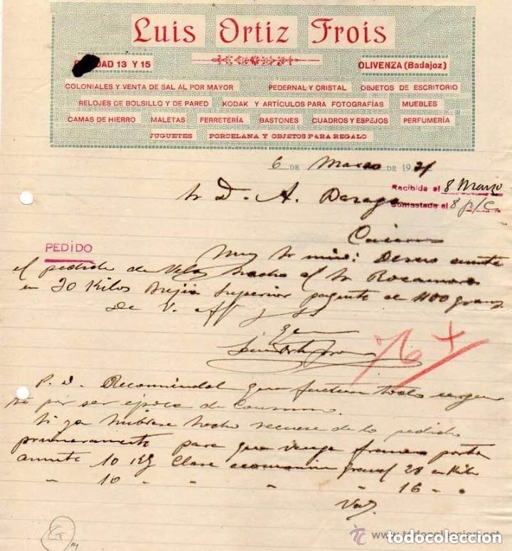 Lettere commerciali: Luis Ortiz Frois. Olivenza. Coloniales y venta de sal, relojes, kodak, juguetes, porcelana