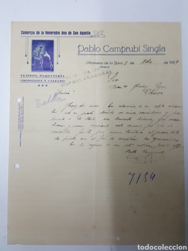 Cartas comerciales: Carta comercio de la Venerable Ana de San Agustin A&ntilde;o 1929