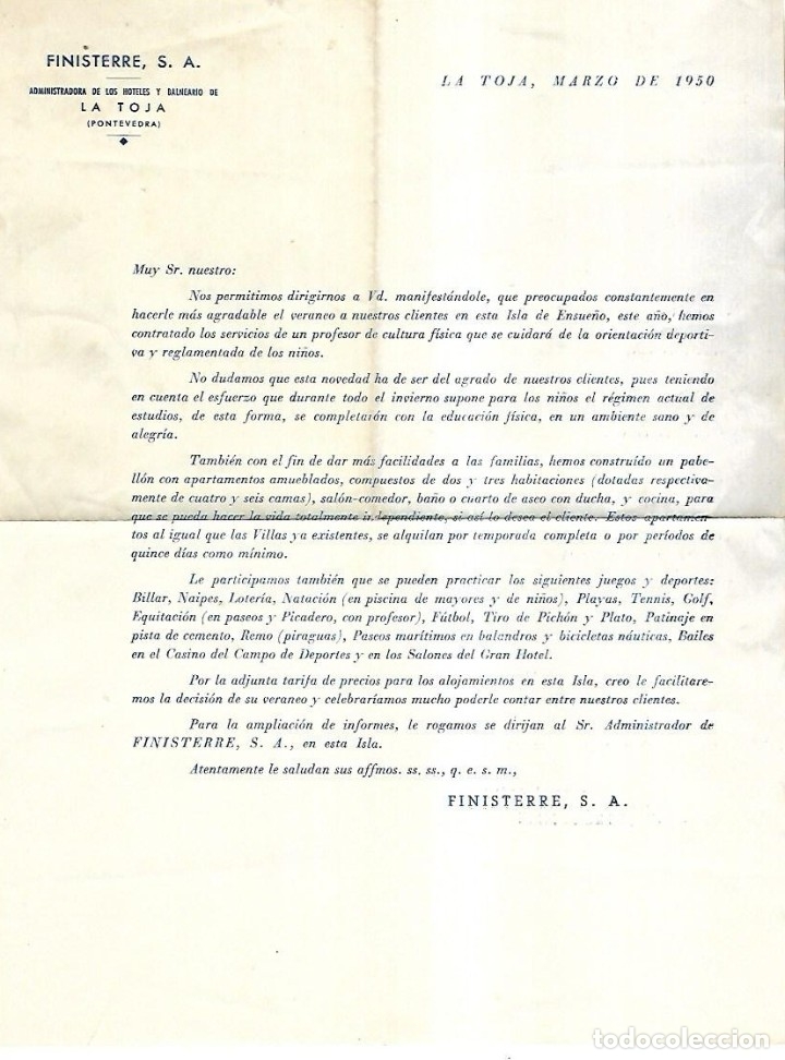 Commercial Letters: CIRCULAR. FINISTERRE S.A. HOTELES Y BALNEARIO DE LA TOJA, PONTEVEDRA. 1950