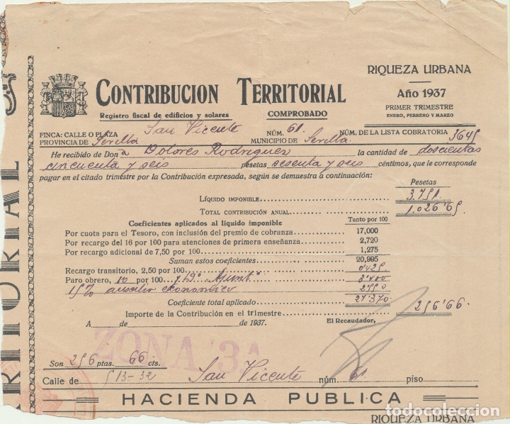Cartas comerciales: Contribuci&oacute;n Territorial. Sevilla 1937 - Foto 1