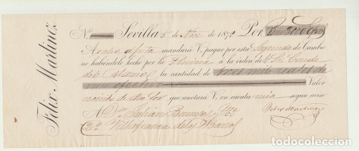 Gesch&auml;ftsbriefe: Carta con Membrete por 3000 Reales vell&oacute;n. Sevilla 5 Noviembre 1875. Pagadera en Villafranca de los