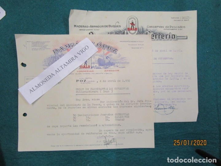 Lettres commerciales: GALICIA FOZ LUGO - 2 CARTAS COMERCIALES CONSERVAS DALO, DAMIAN LOPEZ - 1950/61 + INFO